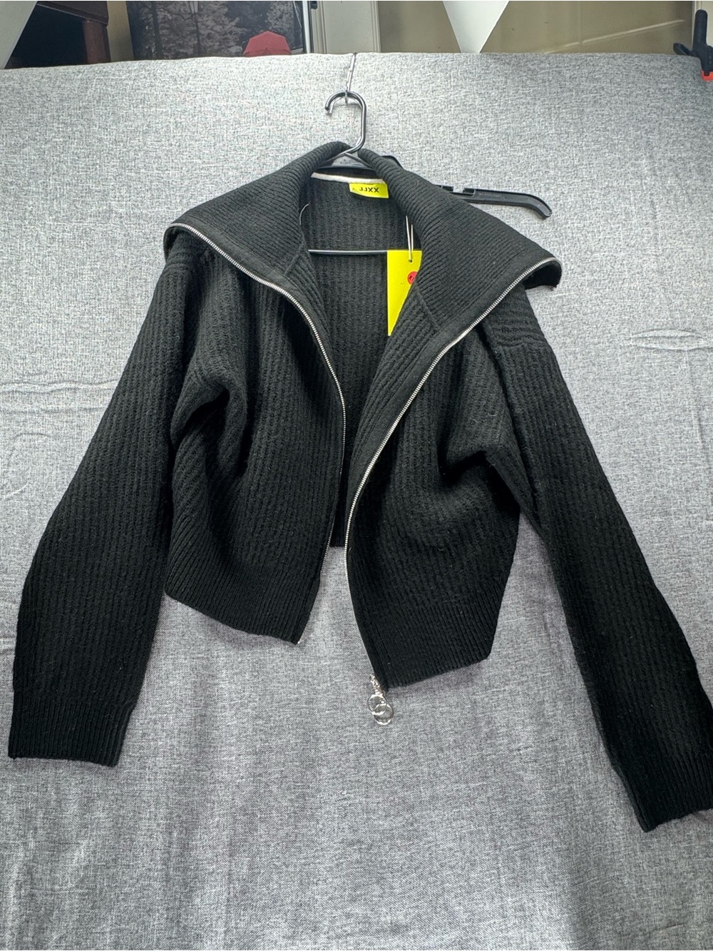 Black Rib-Knit Zip-Front Bomber Jacket by